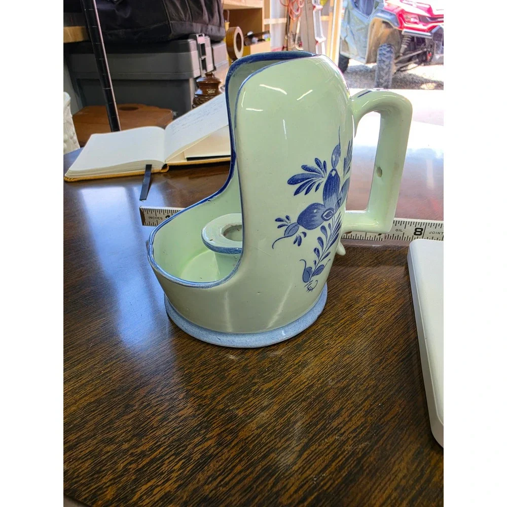 Vintage Blue and White Floral Ceramic Chamberstick Candle Holder with Handle 6in